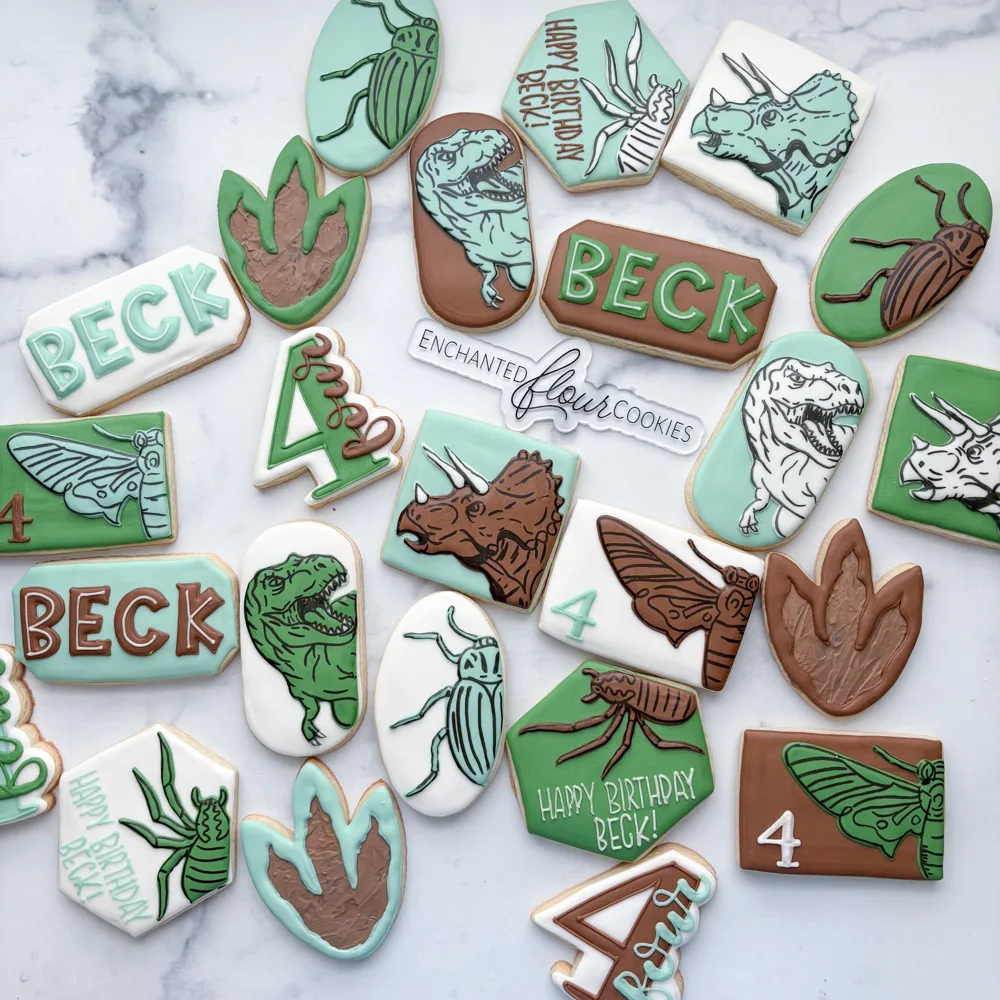 Detailed tier example: Dinosaur and bug fourth birthday cookie set
