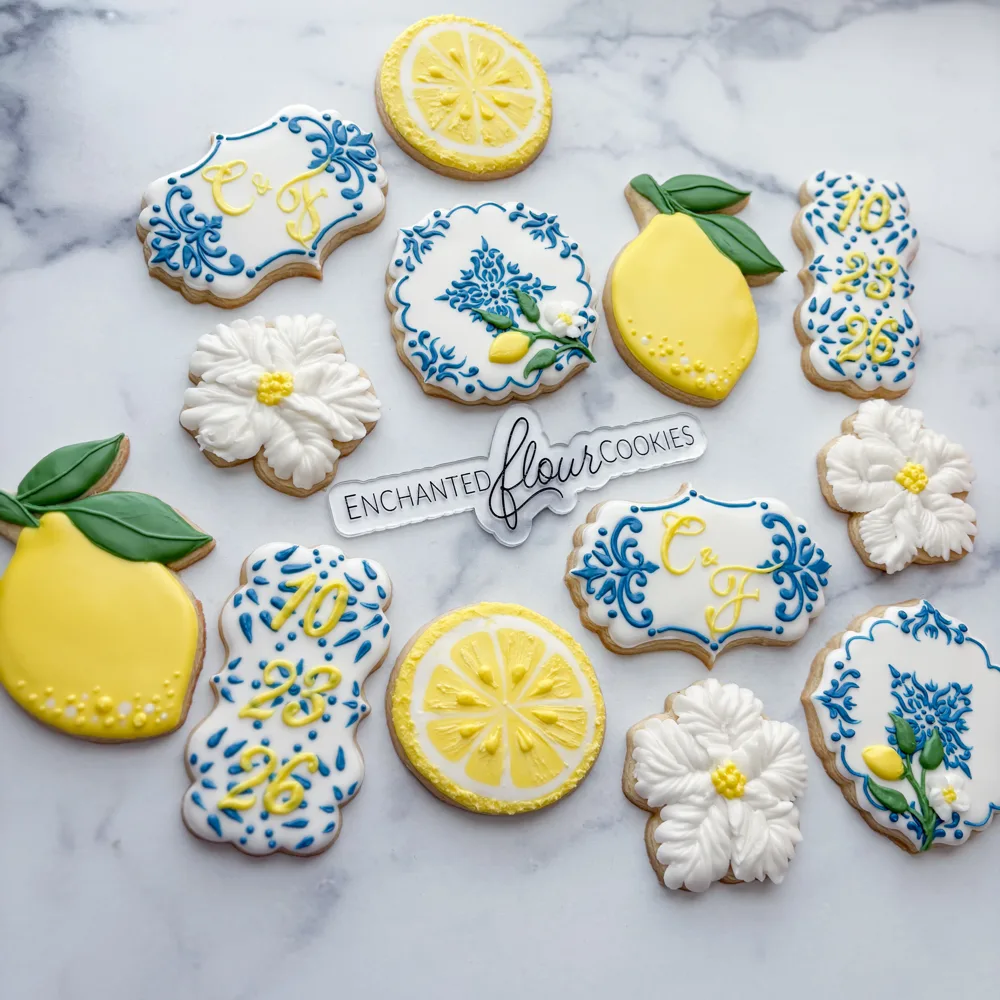 Detailed tier example: Blue tile and lemon wedding cookie set