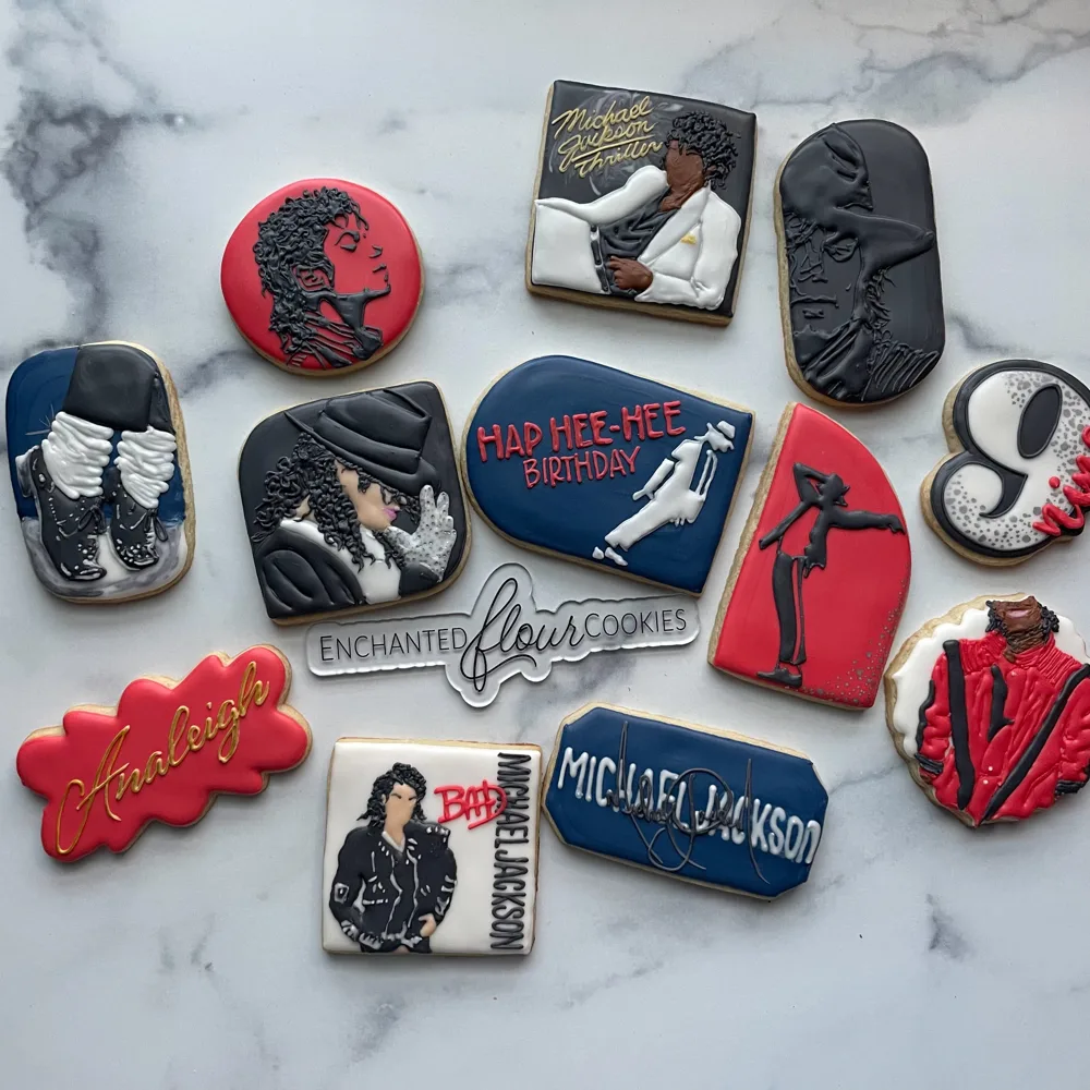 Intricate tier example: Michael Jackson Hap Hee-Hee birthday cookie set