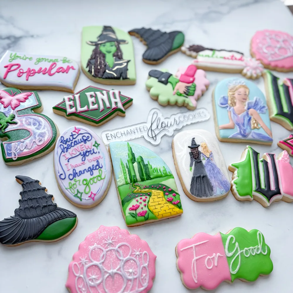 Intricate tier example: Wicked For Good fifth birthday cookie set