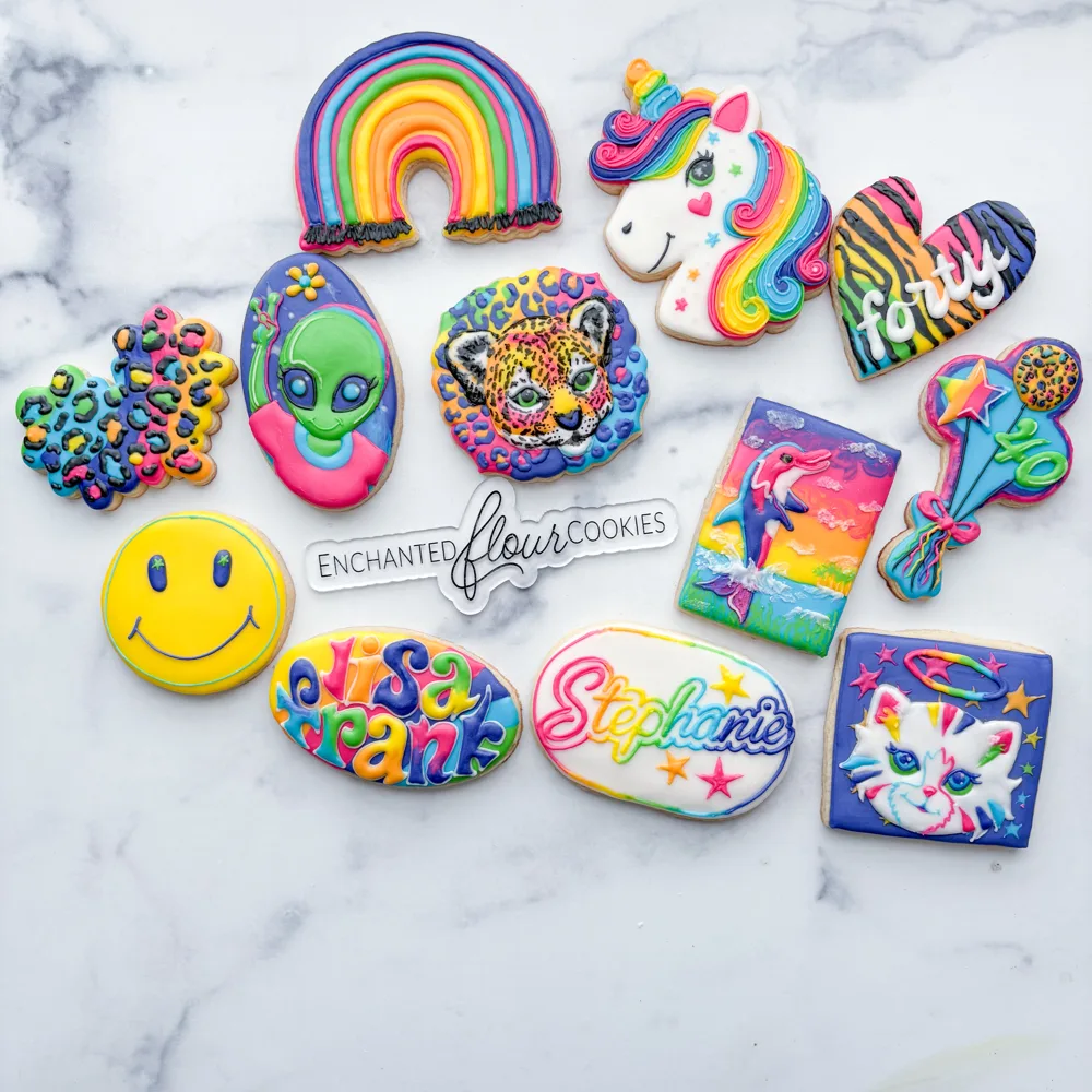 Intricate tier example: Lisa Frank rainbow fortieth birthday cookie set