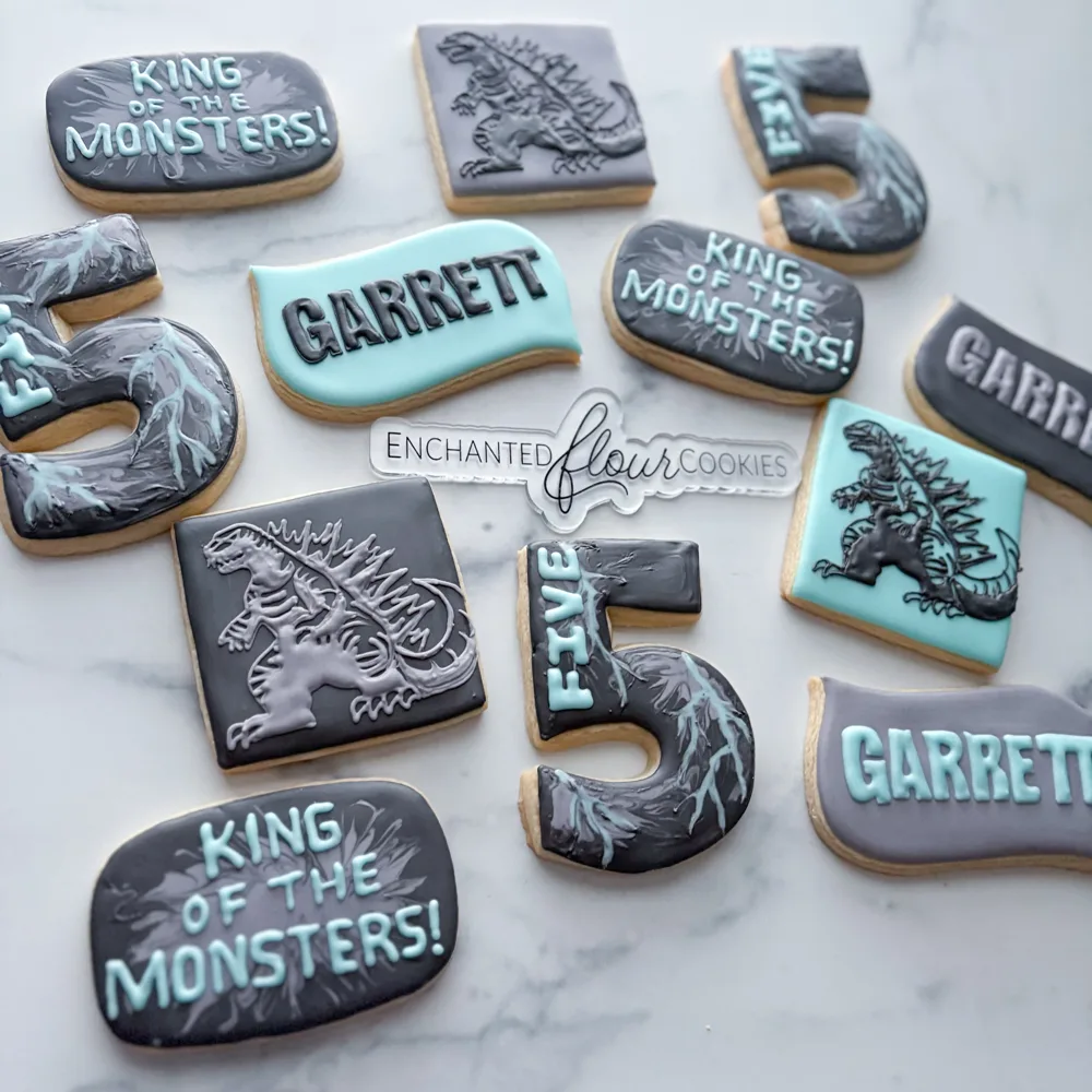 Simple tier example: King of the Monsters fifth birthday cookie set