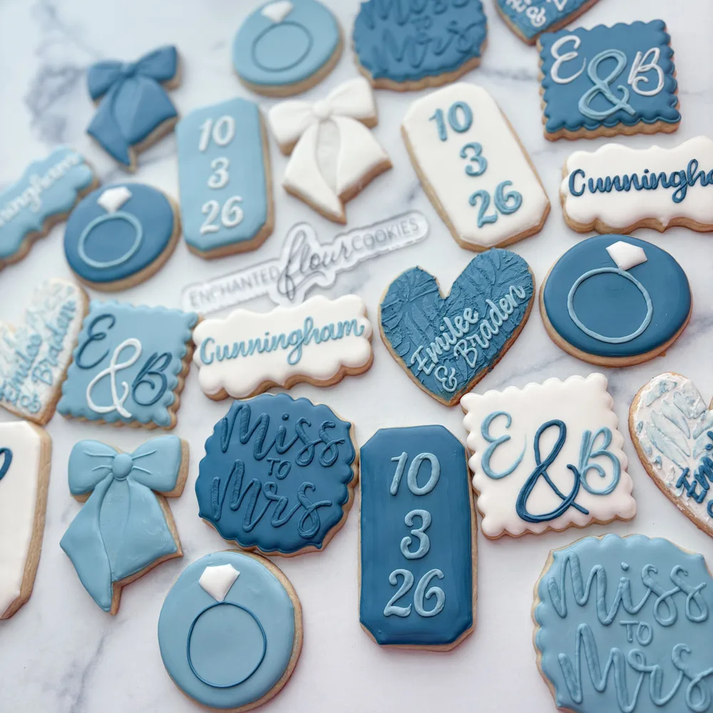 Simple tier example: Dusty blue Miss to Mrs wedding cookie set